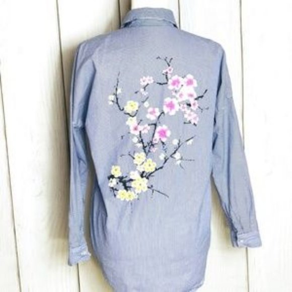 Zara Basic Denim Blue & White Button Up Top - Picture 1 of 3